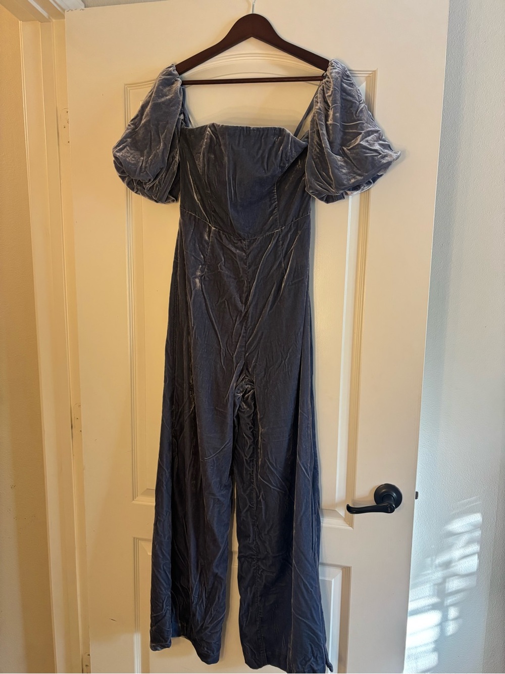 Anthropologie Velvet Puff-Sleeve Boot-Cut Jumpsuit in Slate Blue